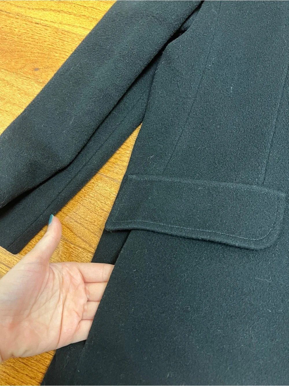 Classic Double-Breasted Black Wool Coat with velvet detail
